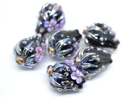 Purple black flower bouquet lampwork beads, Lampwork earrings DIY, SRA lampwork, Artisan lampwork, Designer beads, 17-21mm glass beads