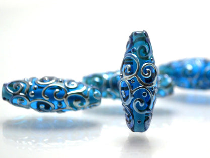 lampwork glass handmade bead rhombus oval bead swirl aqua jewelry supplies blue design bead artisan lampwork glass set silver curls on blue