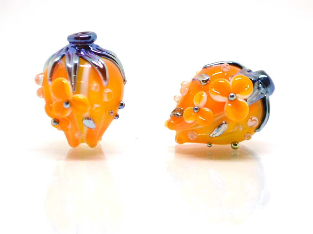 Light Orange flower bouquet lampwork beads, Honey yellow lampwork beads, SRA beads, Floral lampwork