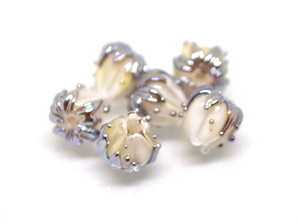 White flower beads with silver leaves, 7mm flower beads, Small lampwork beads, Handmade lampwork, Artisan lampwork