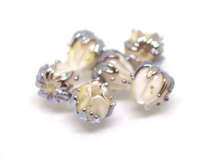 White flower beads with silver leaves, 7mm flower beads, Small lampwork beads, Handmade lampwork, Artisan lampwork