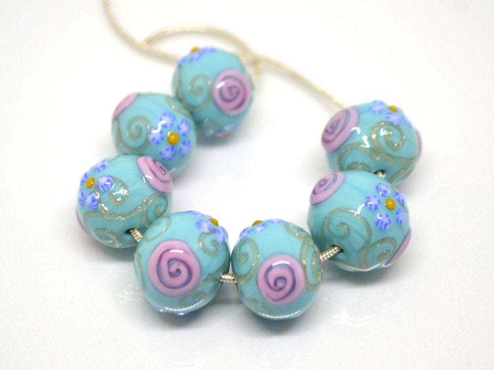 Sea Blue green Glass beads, Venetian Glass,  Vintage beads, Bohemian glass, Vintage jewelry, Beads for necklace, Artisan lampwork, flower