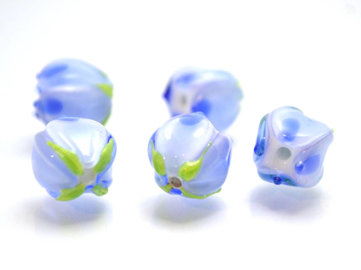 blue flower lampwork bead Tender floral glass bud Spring spot bead jewelry making Artisan lampwork Blue white set Small light blue spacer