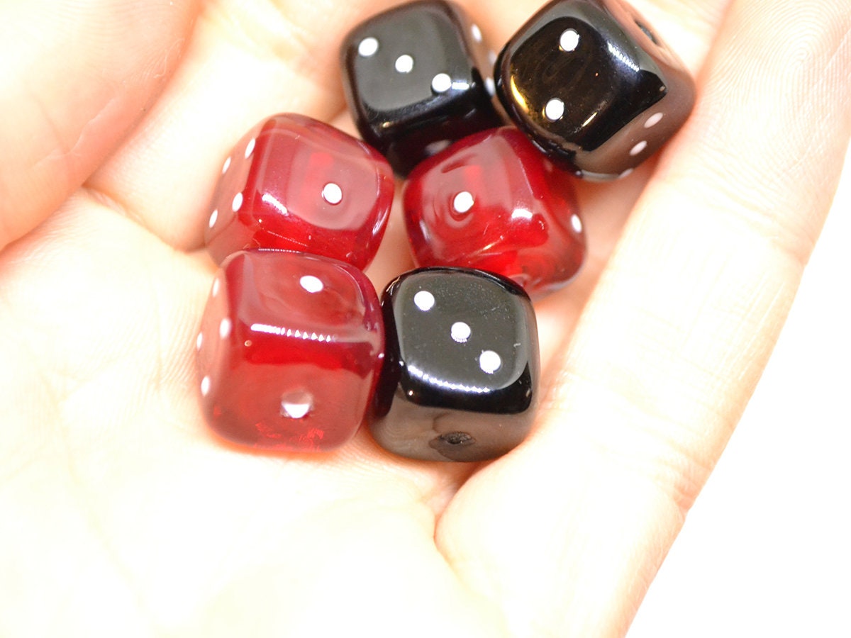 Black Red dice beads, Glass cube beads, Handmade lampwork beads, Casino lover, Funky dice glass beads, black dice, red dice