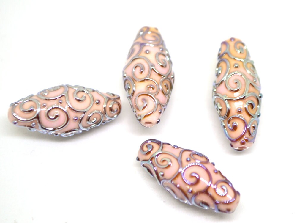 Pink silver lampwork beads, Lampwork bead set, Oval beads, Rhombus beads, Focal beads, Artisan lampwork, jewelry making, Sparkly beads