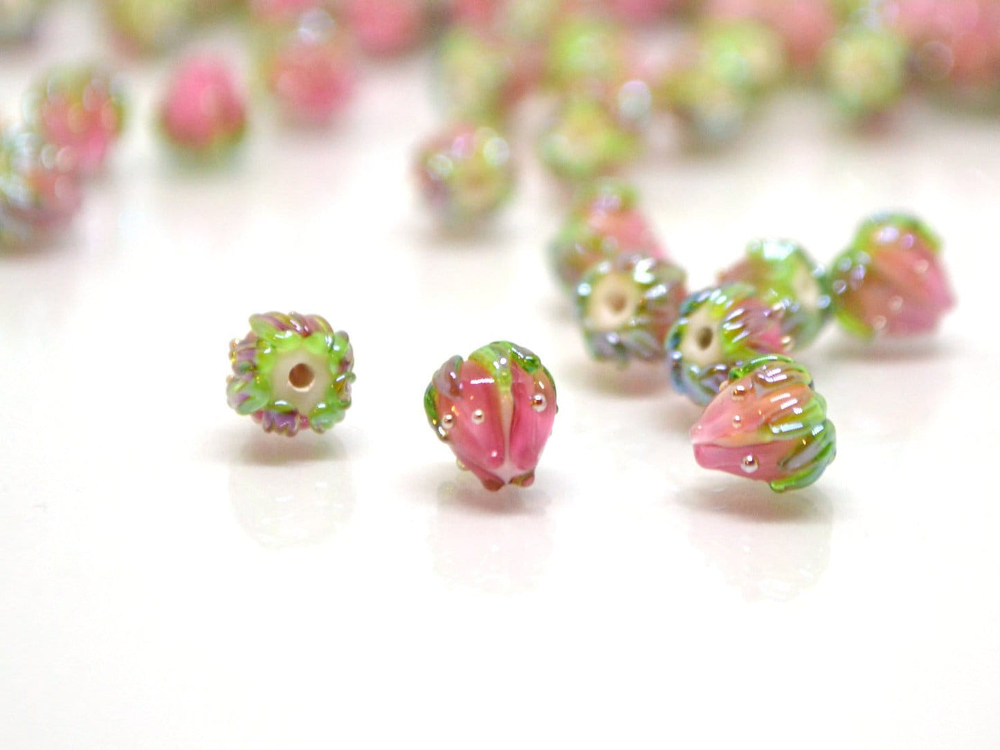 Light pink flower beads with green leaves, Tiny glass beads, through hole, 7mm flower beads, Artisan lampwork,