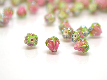 Light pink flower beads with green leaves, Tiny glass beads, through hole, 7mm flower beads, Artisan lampwork,