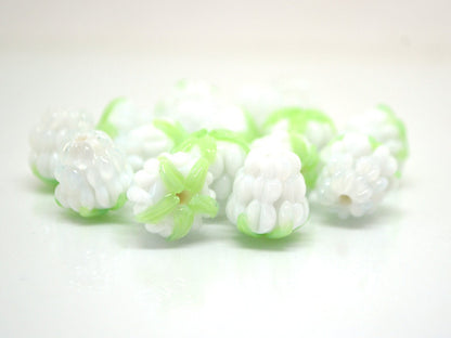 White lampwork raspberry, White glass berries, Berry jewelry making, Lampwork raspberries, Berry fruit beads, White Raspberry green leaf