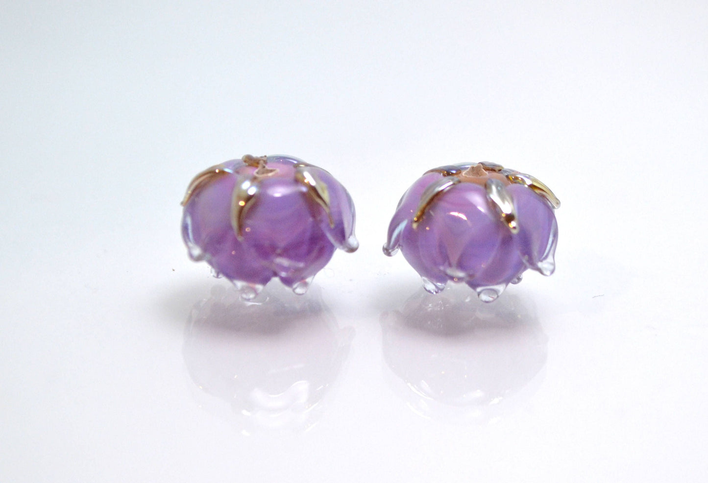 lilac purple jewelry floral making jewelry set art glass bead handmade artisan lampwork earrings brooch necklace ring bud flower lampwork