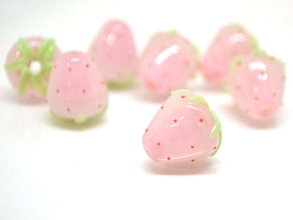 Pink Strawberry glass beads, Lampwork berries, Lampwork strawberry, Glass Berry beads, Garden beads, Nature inspired, Forest glass beads