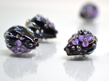 Purple black flower bouquet lampwork beads, Lampwork earrings DIY, SRA lampwork, Artisan lampwork, Designer beads, 17-21mm glass beads