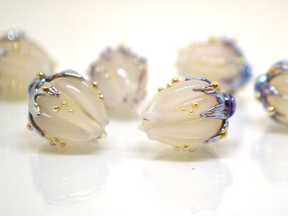 White opaque flower beads, White purple gold lampwork beads, Floral lampwork, White milk beads