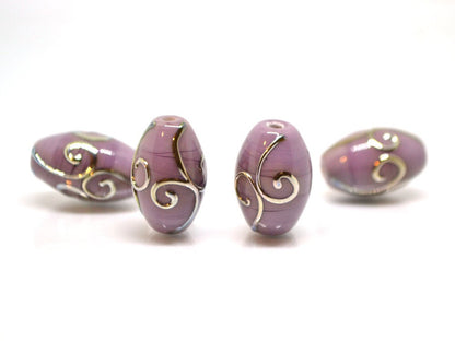 Purple glass lampwork oval beads with silver swirl texture lavender earrings beads, rhombus beads, oval glass beads, handmade glass beads