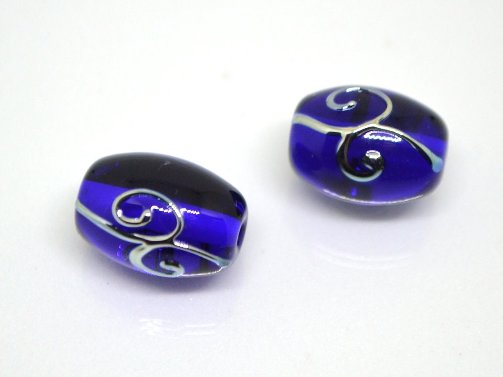 Cobalt blue rice glass beads silver curles, Barrel Oval lampwork beads for you, Artisan lampwork, Jewelry supplies earrings making spacer