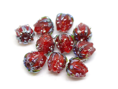 Bright red sparkle flower beads with silver dots, Floral lampwork, 10mm glass beads