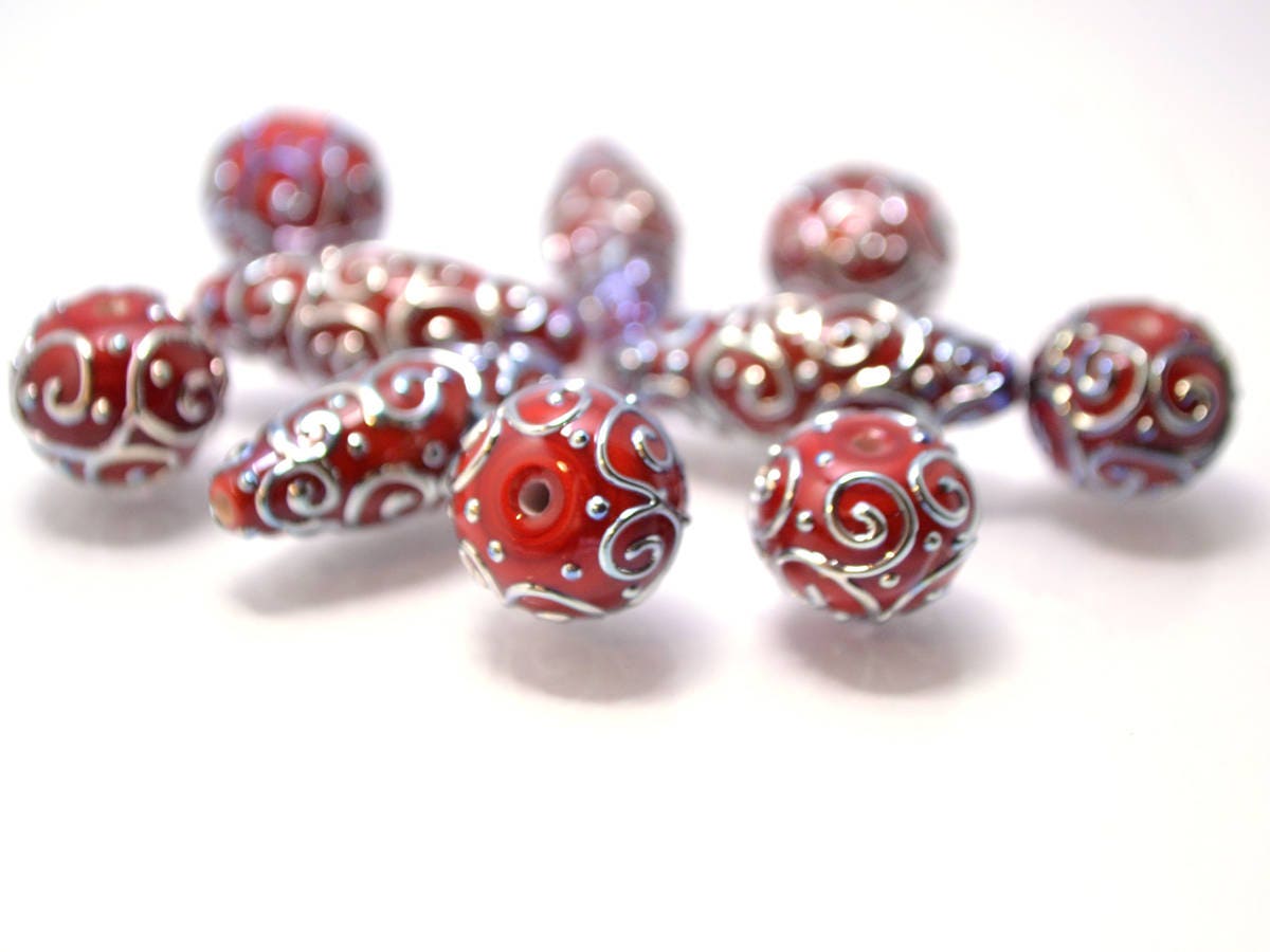 red silver lampwork beads artisan lampwork lampwork beads set rhombus oval textured mirror beads jewelry making bright deep red silver glass