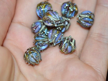 Purple gold glass beads, 10mm flower beads, Sparkle flower bead, Floral theme beads, Floral lampwork, Artisan lampwork, Lavender