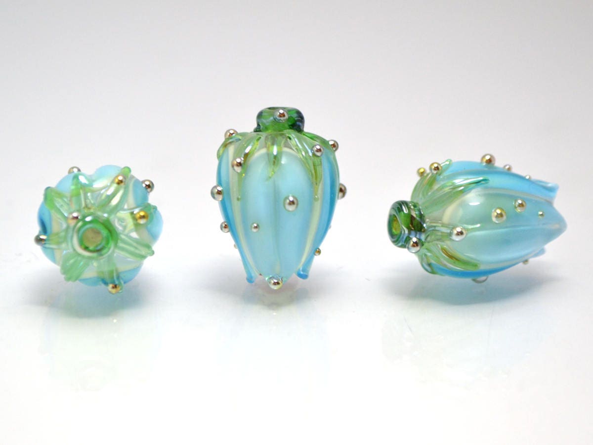 sky blue flower lampwork beads artisan lampwork wedding floral glass Bud blossom beads for earrings rose silver blue beads something blue