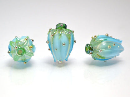 sky blue flower lampwork beads artisan lampwork wedding floral glass Bud blossom beads for earrings rose silver blue beads something blue