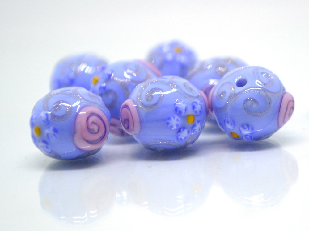 Blue purple handmade glass lampwork beads|Periwinkle blue jewelry|Venetian beads|Artisan lampwork|Periwinkle wedding|Jewelry making|Floral