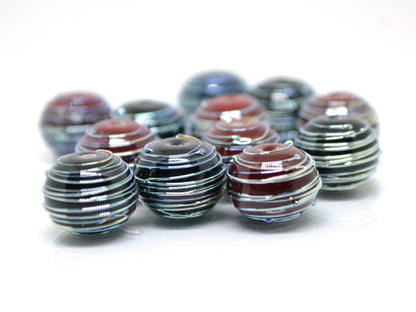 Black Red lampwork Handmade Beads, Stripes beads, Silver Stains beads, silver patterns, electric beads