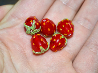 Red Strawberry lampwork beads, Glass berries, Lampwork strawberry, Berry fruit beads, Red green beads, Nature inspired, artisan lampwork