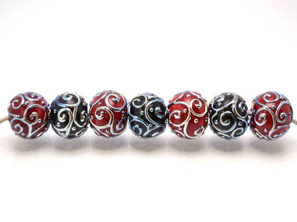 black red lampwork handmade bead artisan lampwork bead set jewelry making round bead silver curl dots red and black glass lampwork beads