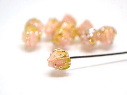 Pink gold floral beads, Peach bud flower beads, Tiny glass beads, Pastel pink 7mm flower beads, Artisan lampwork