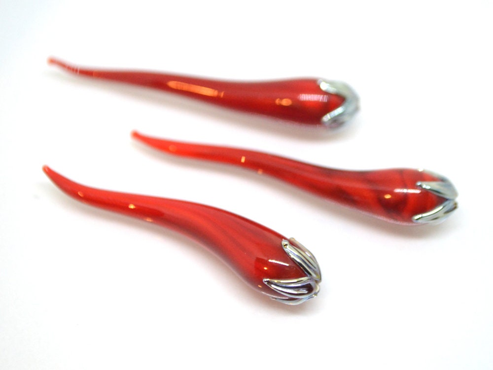 Red chili peppers, Lampwork chili beads, Red silver beads, Half-drilled beads, Vegetable beads, Farm beads