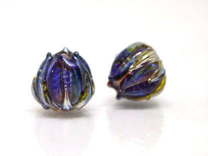 Amazing black blue silver flower beads, Lampwork bud beads, Floral lampwork, 10mm flower beads, Artisan lampwork, galaxy glass beads,netting