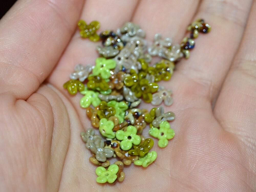 Tiny olive green flower beads, Very small flowers, Opaque glass flower, Green small flower beads, 5mm flowers, Artisan lampwork