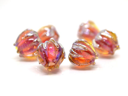 Ruby rose silver flower beads, Lampwork flower, 10mm flower beads, Glass flower, Floral lampwork, Artisan lampwork, netting silver pink