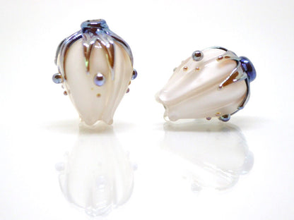 White flower glass beads, White blue gold lampwork beads handmade, Wedding jewelry making Beads for earrings Flower pendant Artisan lampwork