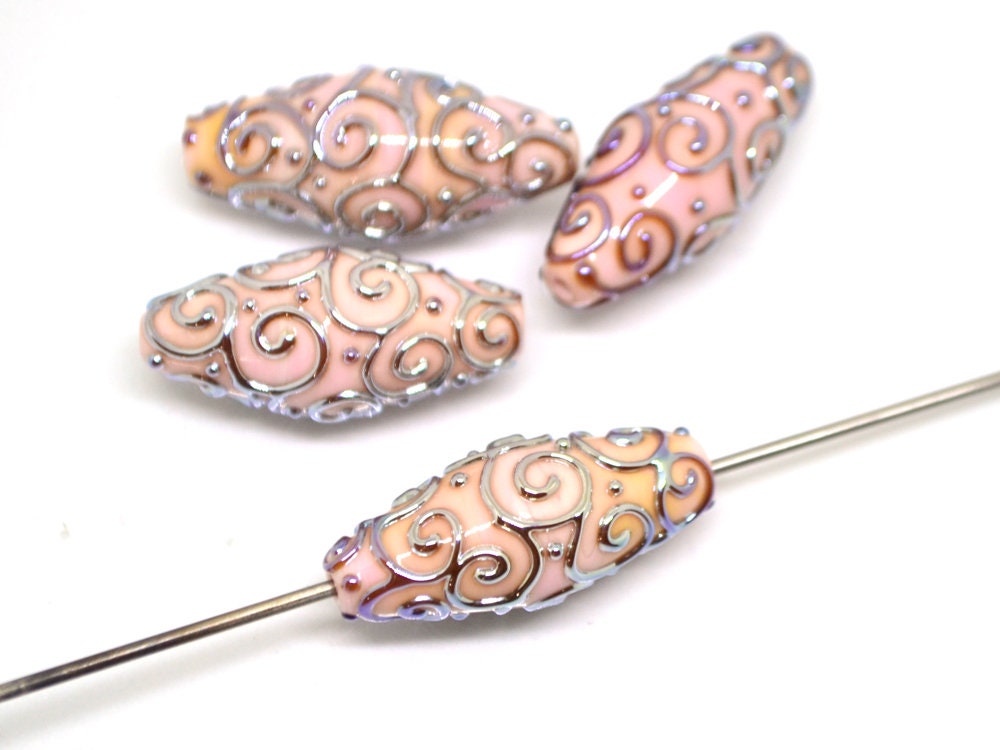 Pink silver lampwork beads, Lampwork bead set, Oval beads, Rhombus beads, Focal beads, Artisan lampwork, jewelry making, Sparkly beads