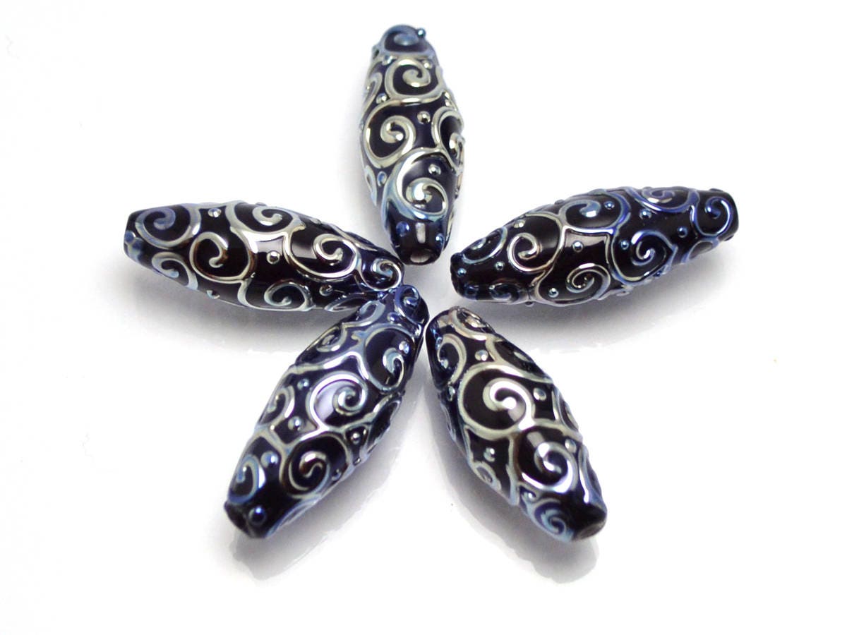 black and silver artisan lampwork beads set  oval beads jewelry making rhombus curls bead chic sparkly beads large beads christmas bead