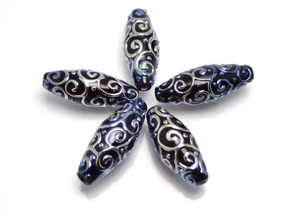 black and silver artisan lampwork beads set  oval beads jewelry making rhombus curls bead chic sparkly beads large beads christmas bead