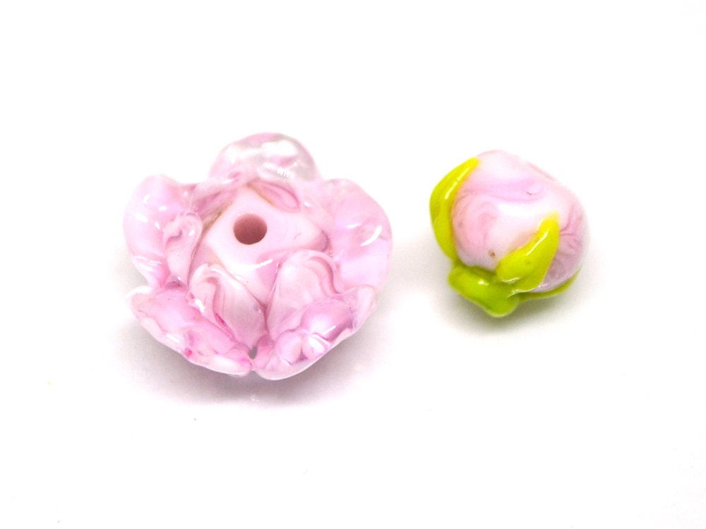 Lampwork peony beads, Glass flower beads, Pink floral beads, Handmade glass work, Focal lampwork, Lampwork Flower Bud Bead, SRA beads,Murano