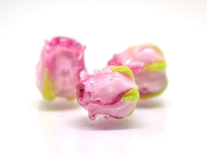 Bright Pink rosebud beads, Ombre glass beads, Gradient floral lampwork, Pink glass beads, Handmade glass beads, Lampwork one bead