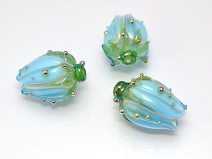 sky blue flower lampwork beads artisan lampwork wedding floral glass Bud blossom beads for earrings rose silver blue beads something blue
