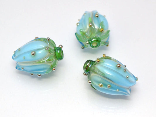 sky blue flower lampwork beads artisan lampwork wedding floral glass Bud blossom beads for earrings rose silver blue beads something blue