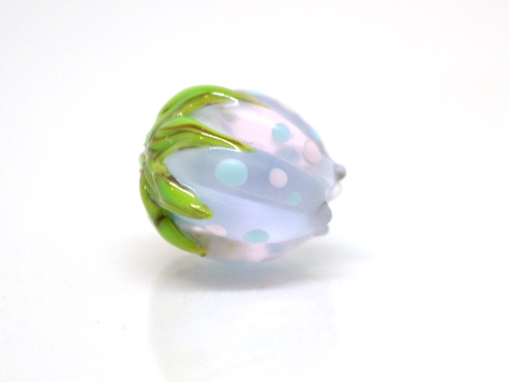 Pastel blue flower beads with colorful dots, Floral glass beads with green leaves, 12mm flower beads, Easter, Artisan lampwork