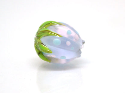 Pastel blue flower beads with colorful dots, Floral glass beads with green leaves, 12mm flower beads, Easter, Artisan lampwork