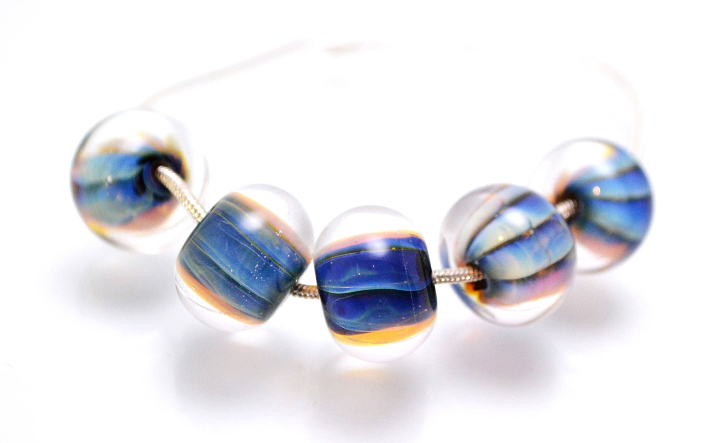 Glass beads for jewelry making set lampwork handmade artisan beads stripe glass beads clear blue rondelle lampwork bead bracelet making bead