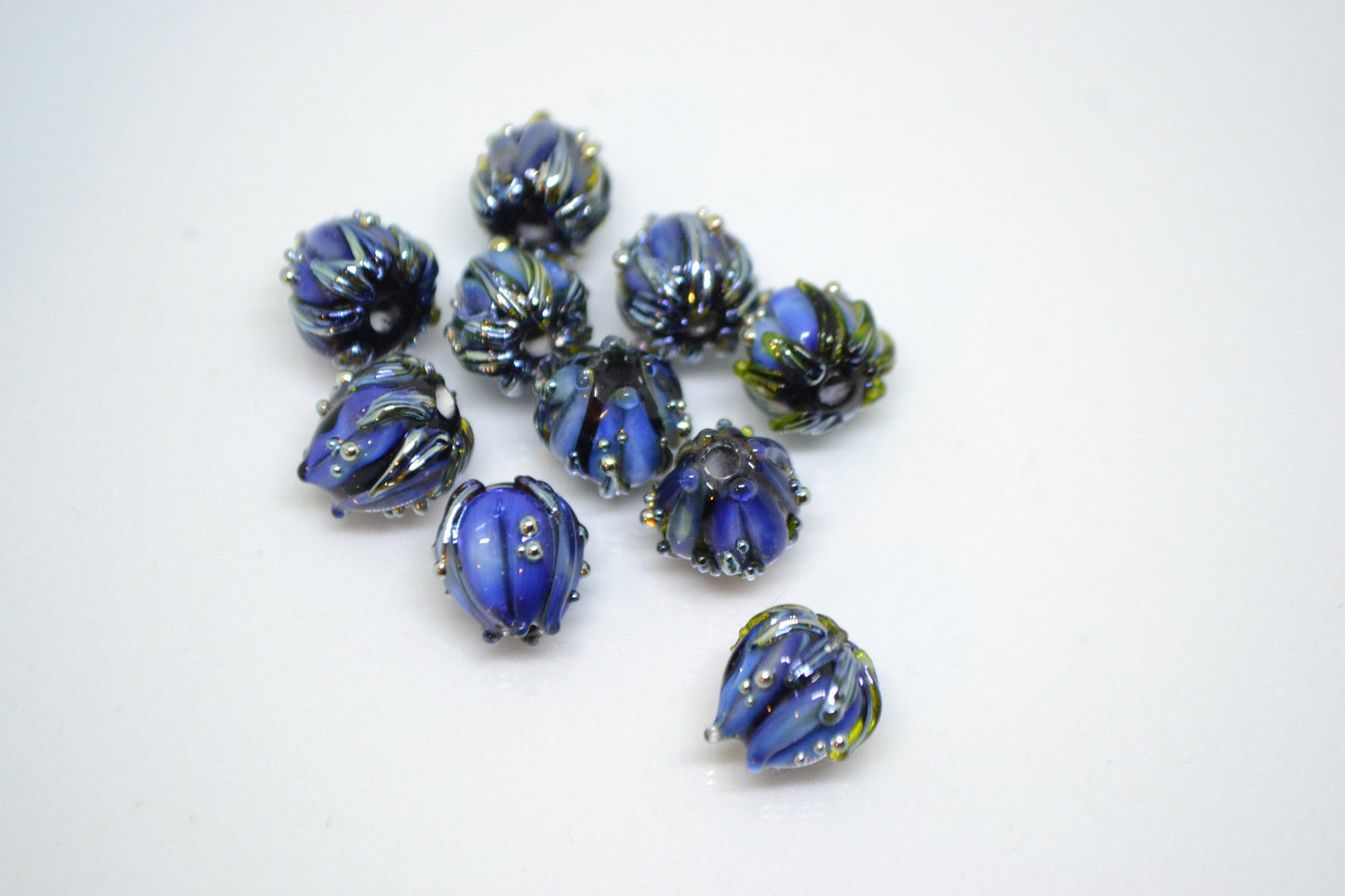 Blue black flower glass beads, Artisan lampwork floral beads, 10mm flower beads, space beads, Floral lampwork, Black flower blue silver