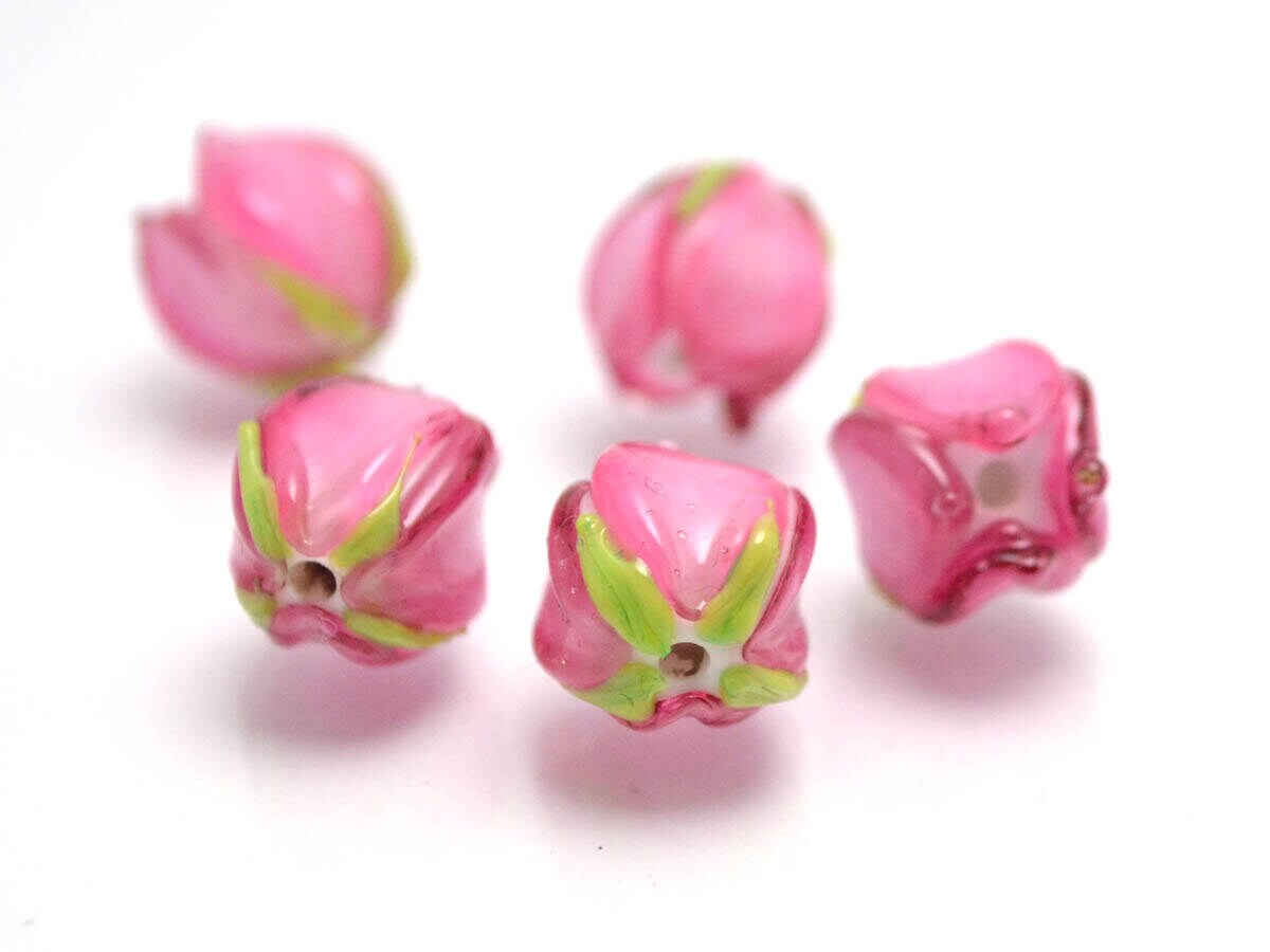 pink flower lampwork bead tender floral glass bud artisan handmade wedding jewelry making bracelet necklace pendant earrings bead set Leaf