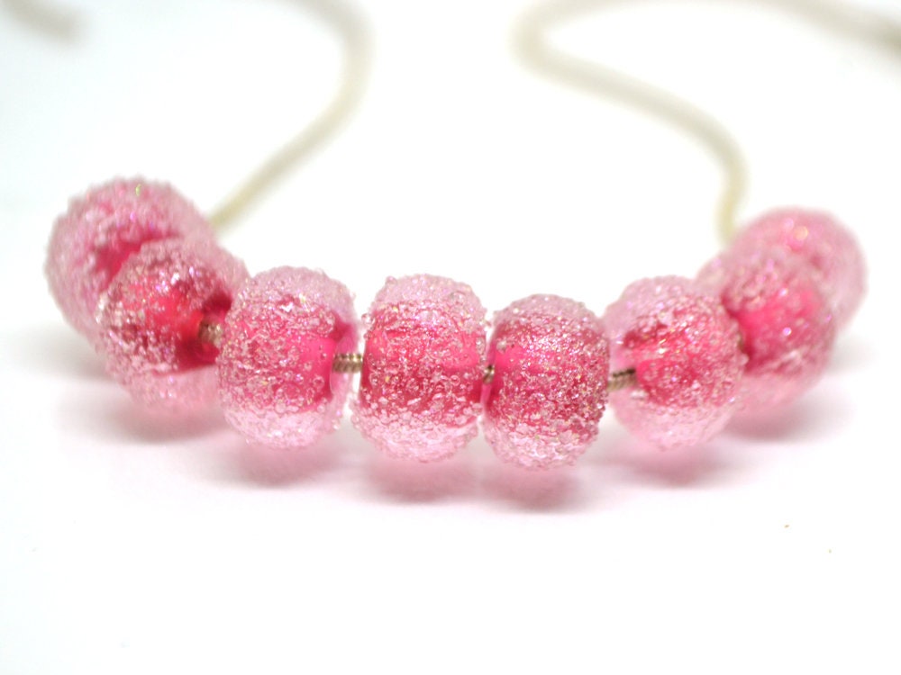 Ruby rose frosted glass beads, Frosted pink beads, Gumball bead, sugar glass beads, Artisan lampwork, Rondelle bright pink, sparkle glass