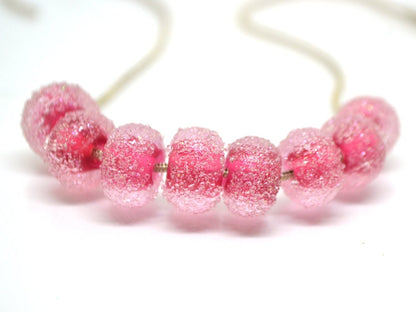 Ruby rose frosted glass beads, Frosted pink beads, Gumball bead, sugar glass beads, Artisan lampwork, Rondelle bright pink, sparkle glass