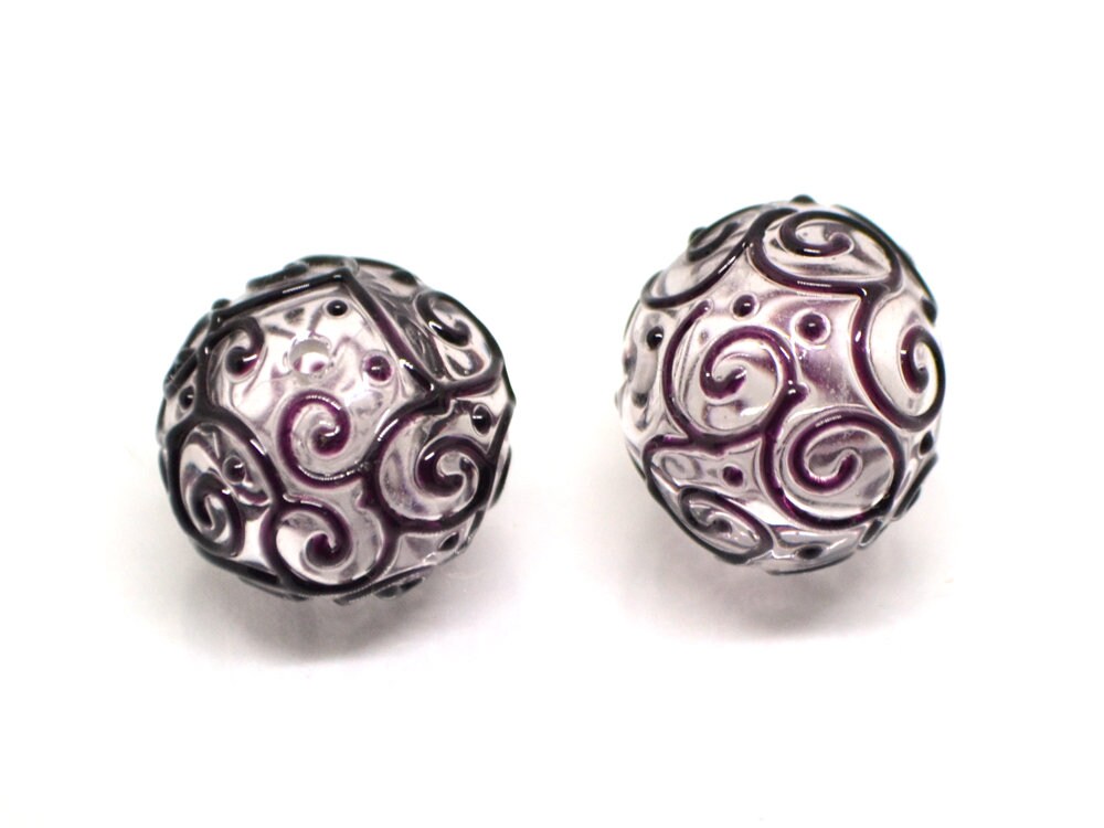 Clear hollow glass beads with black curls, Textured lampwork beads, Transparent clear beads, Artisan Lampwork