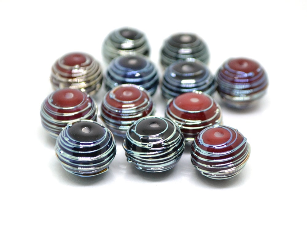 Black Red lampwork Handmade Beads, Stripes beads, Silver Stains beads, silver patterns, electric beads