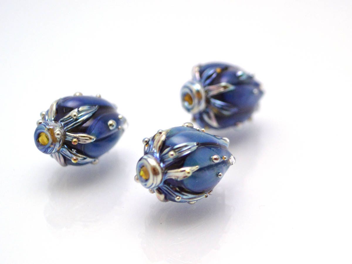 Floral Pendant Focal Flower beads Artisan lampwork Glass Beads Handmade flower Glass flower beads Space Lampwork Blue beads Bud beads